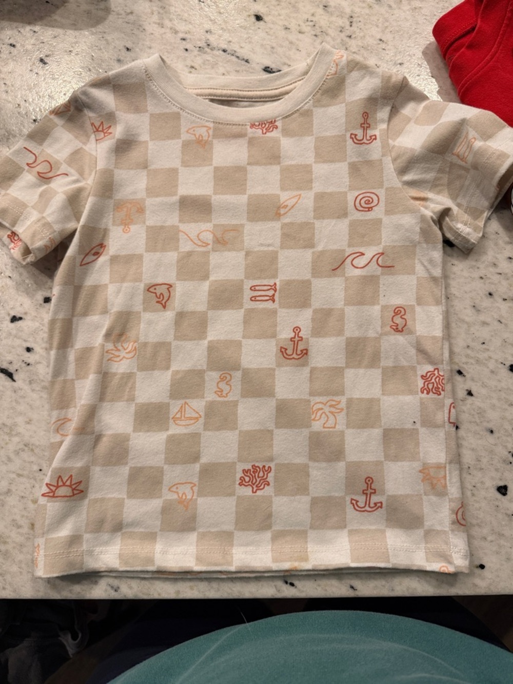 Cat & Jack Beige and Coral Checkered Tee with Nautical Motifs
